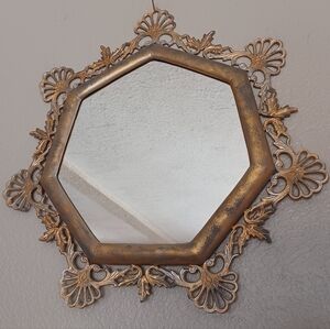 Aged Vintage Look Heavy Weight Gold Brass Metal Ornate Wall Mirror Home Decor